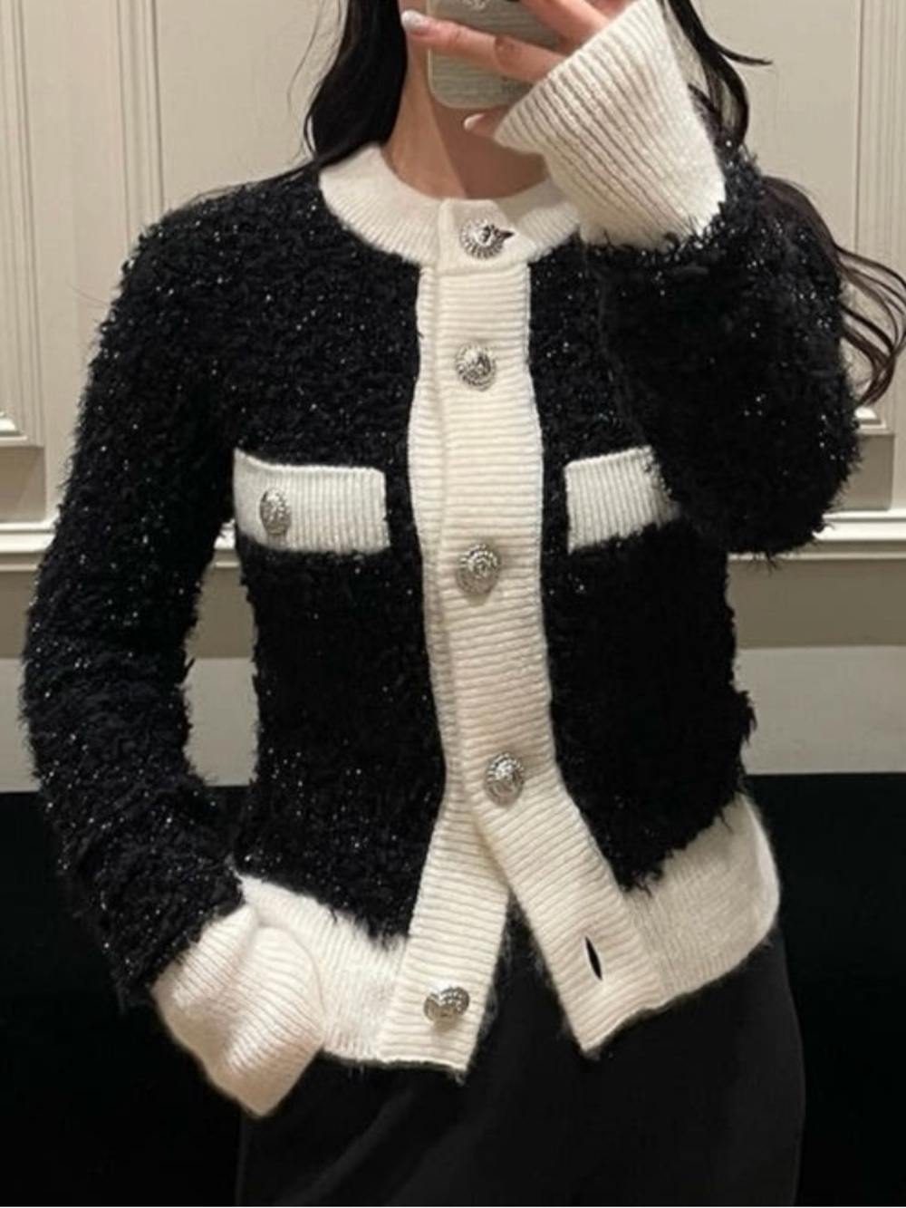 (New) Balmain Bouclé Contrasting-Trim Knitted Cardigan